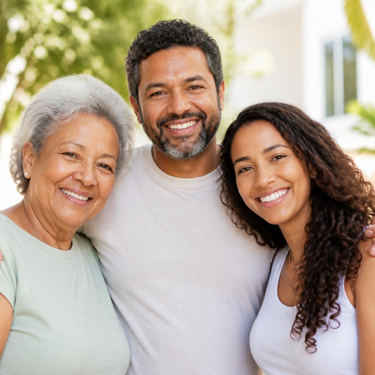 Família de três gerações sorrindo ao ar livre após contratar um plano de saúde